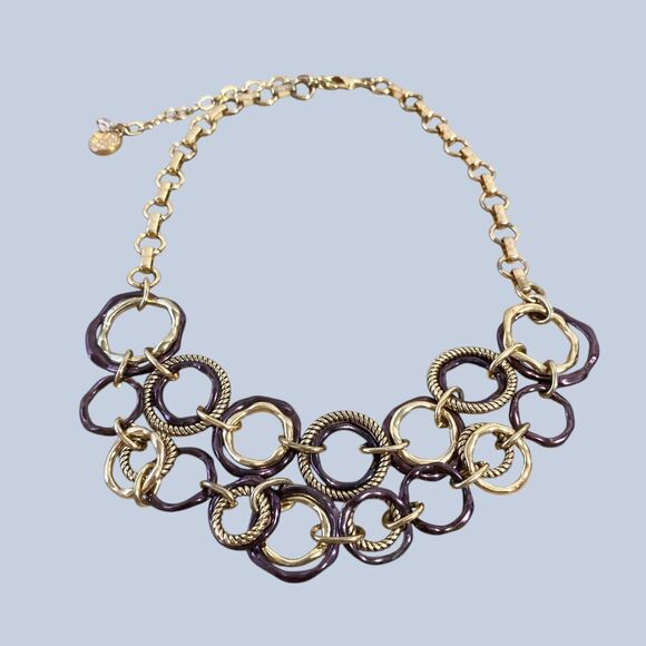Gold Tone Purple Concentric Ring Necklace Chunky Geometric Chain Link Jewelry - Picture 8 of 8